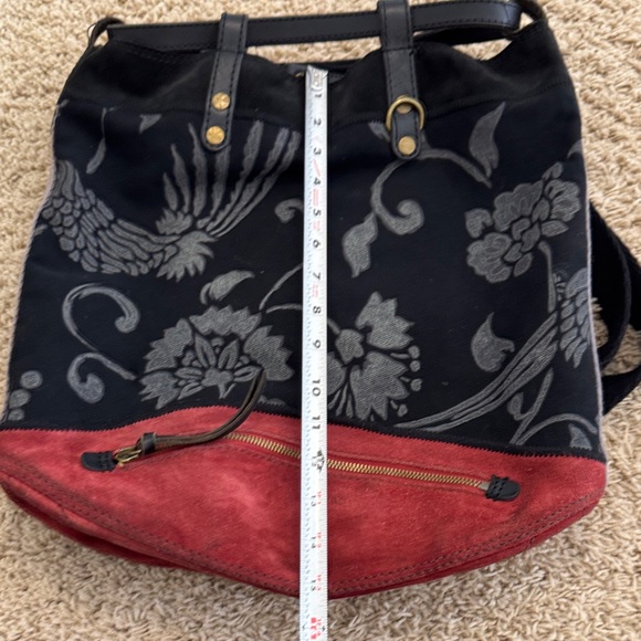 Lucky Brand Printed Floral Canvas & Red Suede Boho Large Hobo Backpack Satchel main image 12